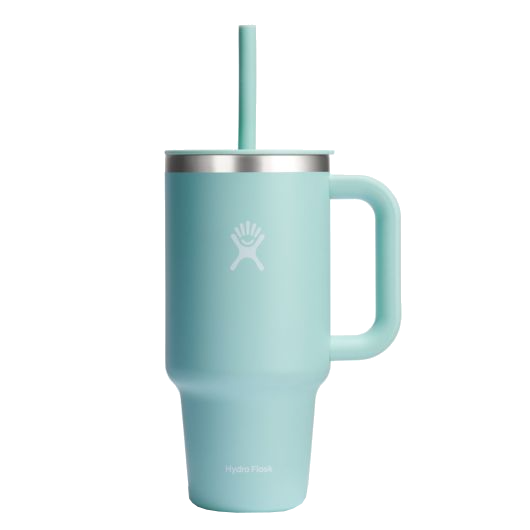 Hydro Flask All Around Travel Tumbler in mint green with a handle and flexible straw for easy hydration on the go.